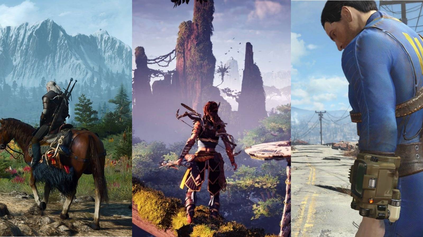 A trisplit of Geralt from The Witcher 3, Aloy from Horizon Zero Dawn and the Sole Survivor in Fallout 4