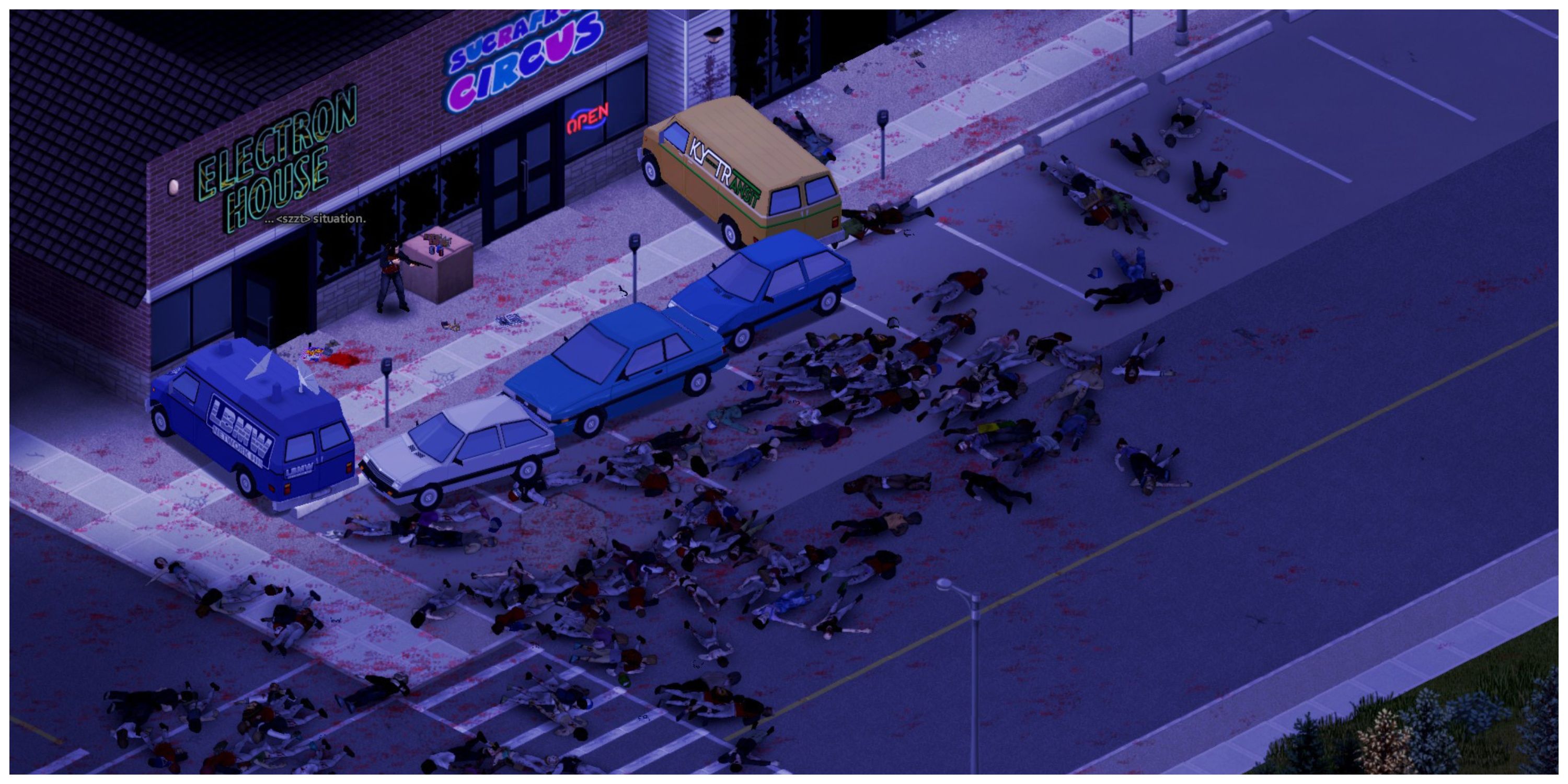 Project Zomboid - Steam Store Page Screenshot (A Car Barricade Surrounded By Dead Zombies)