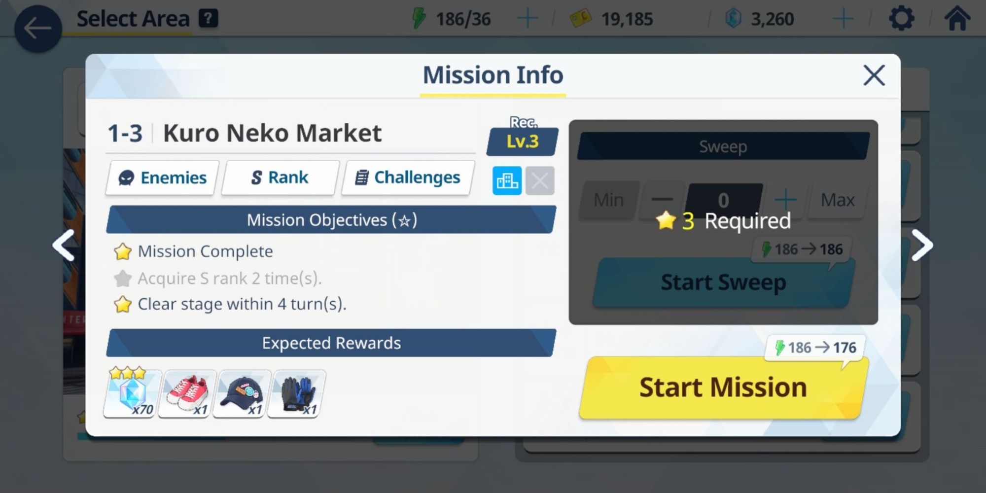 Mission Start Menu in Blue Archive Sweep Option Locked