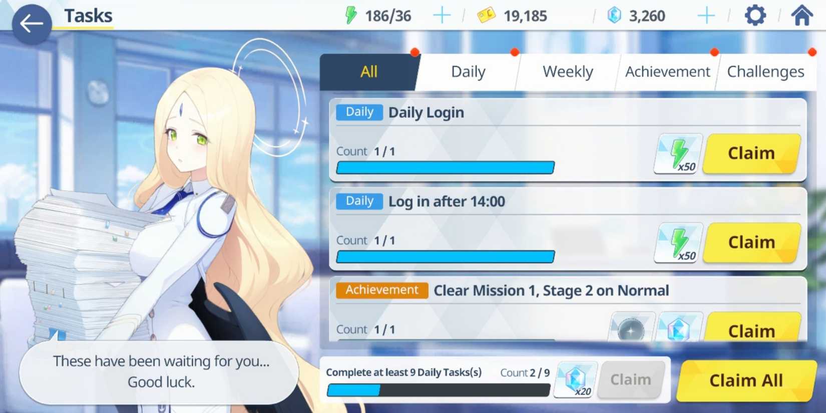 Ayumu greeting Sensei in Task Menu and collect daily and weekly rewards