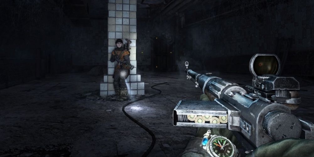 Best Survival Game From Every Year of the 2010s Metro: Last Light Women lending against pillar in dark room