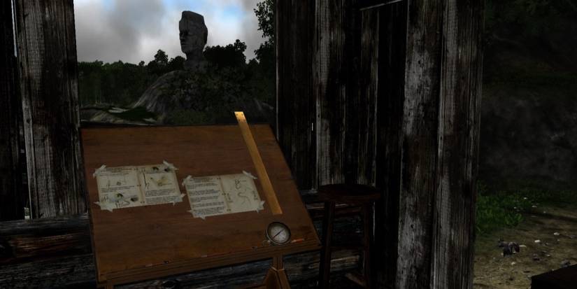Best Survival Game From Every Year of the 2010s Miasmata looking at a crafting table with a statue outside