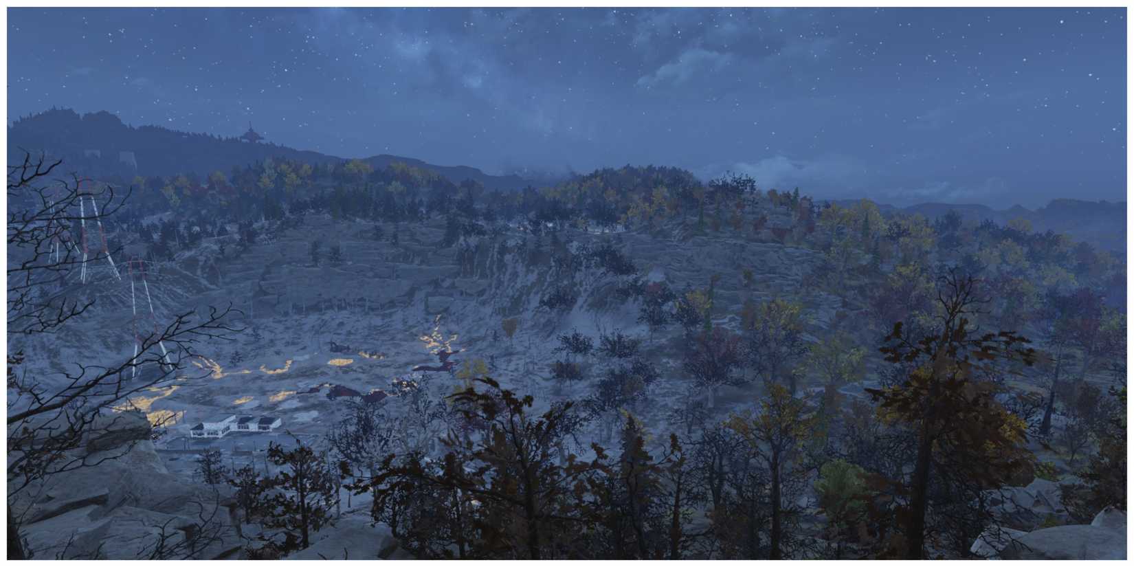 View from Surly's shack at night of the Toxic Valley