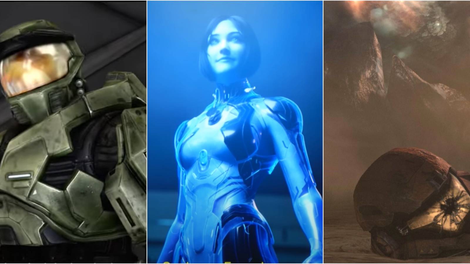 Master Chief, Cortana, Noble Six cracked helmet 