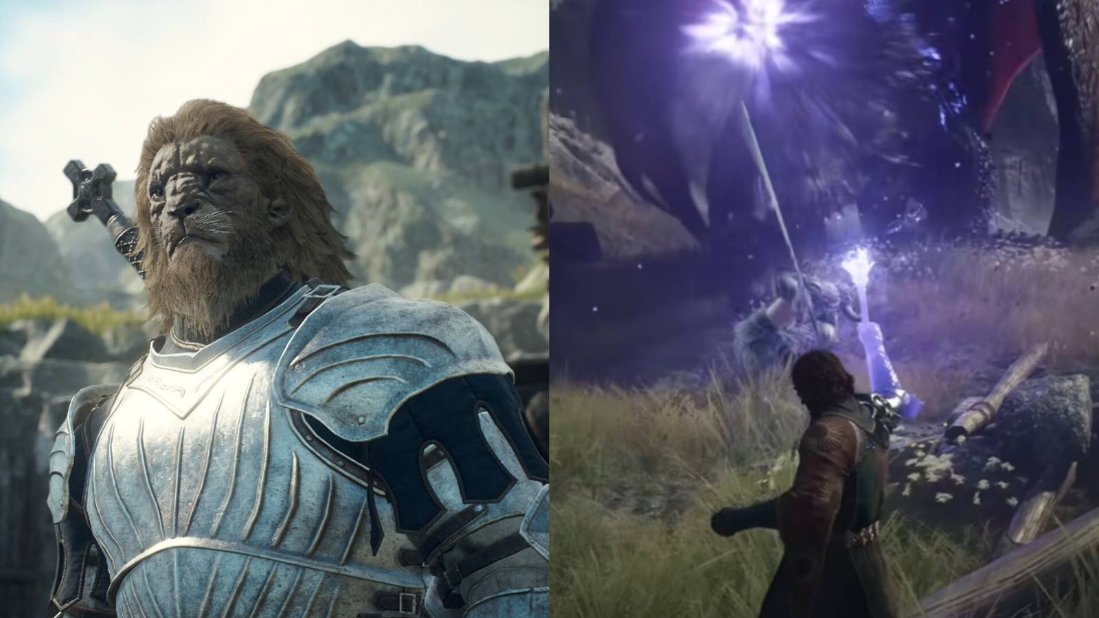 Character in armor and character attacking dragon with magick/lightning attack