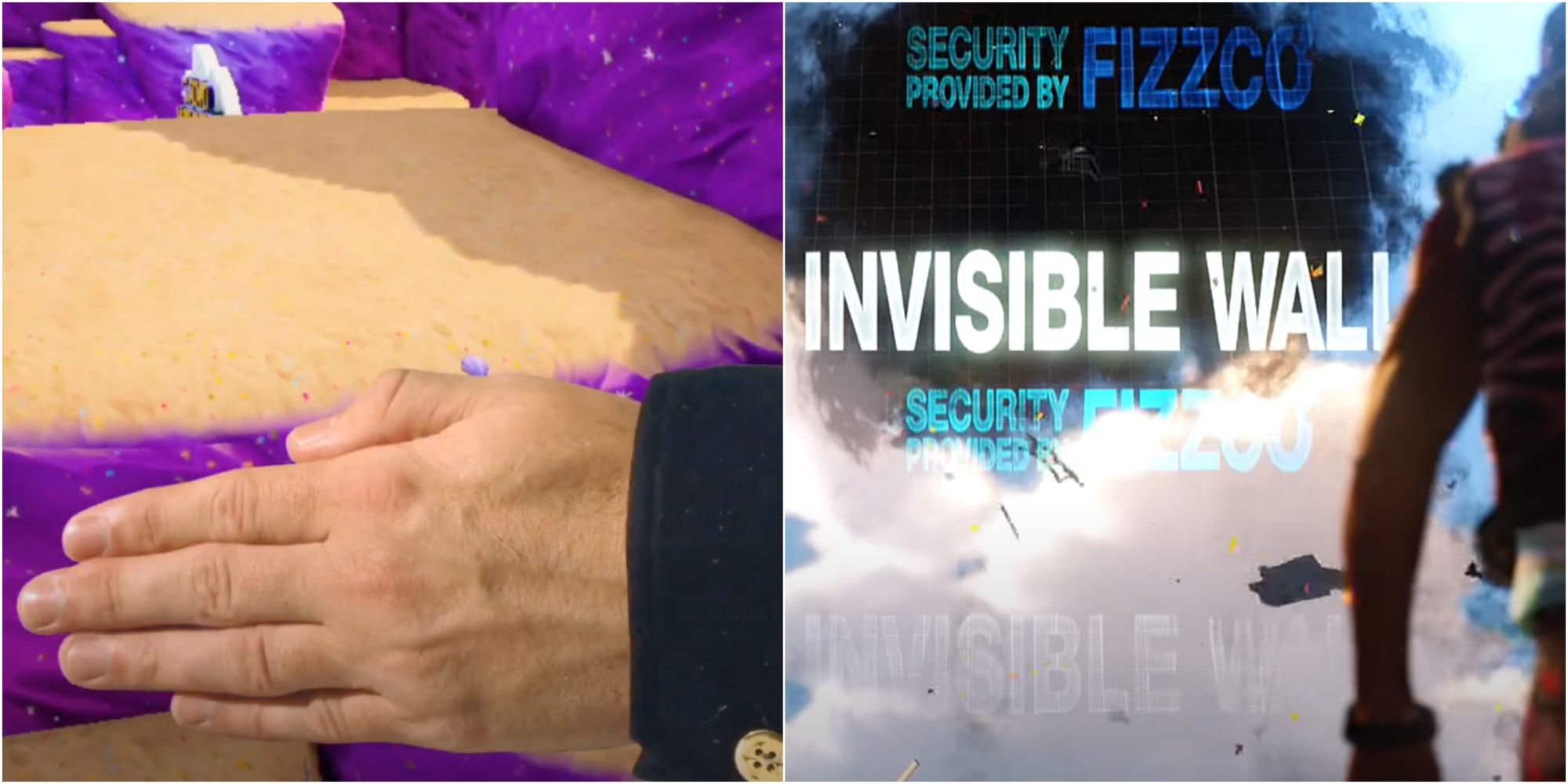 A split image of a hand in SpongeBob SquarePants: Battle for Bikini Bottom and an invisible wall in Sunset Overdrive 