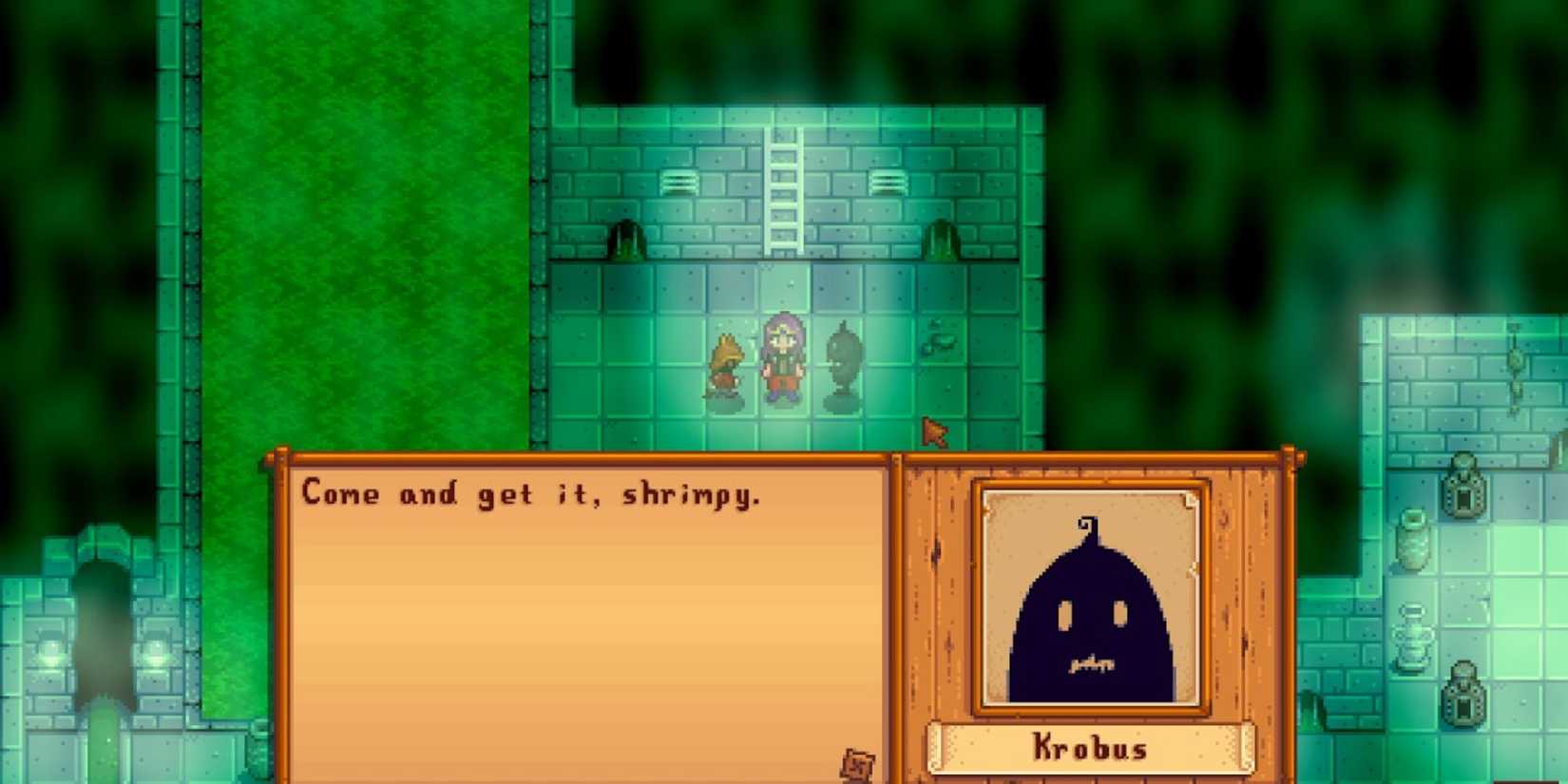 Krobus and the Dwarf fighting in the sewers in Stardew Valley 