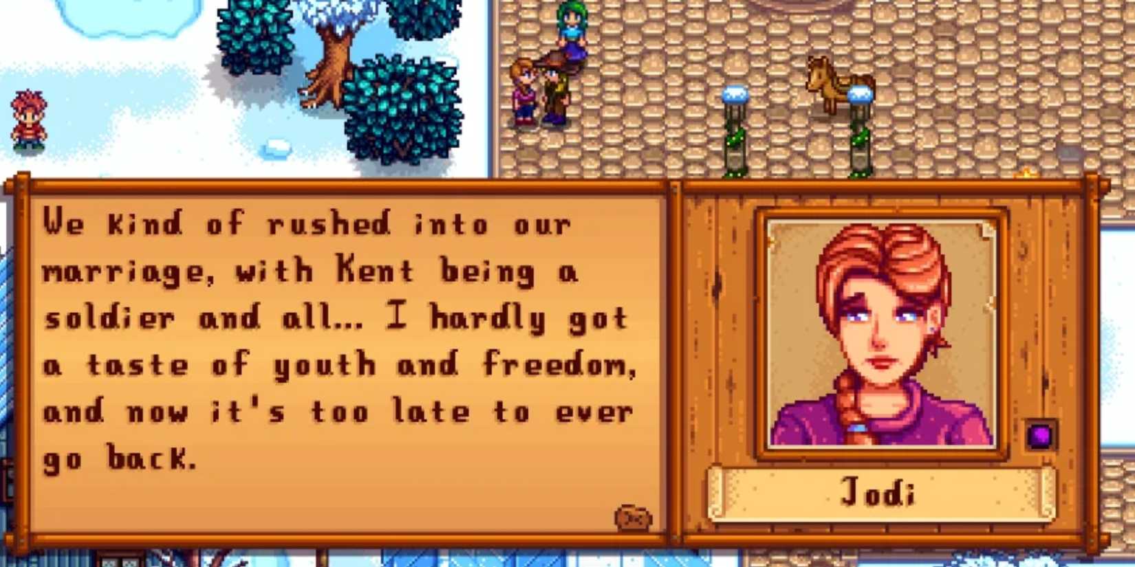 Speakign to Jodi in Stardew Valley