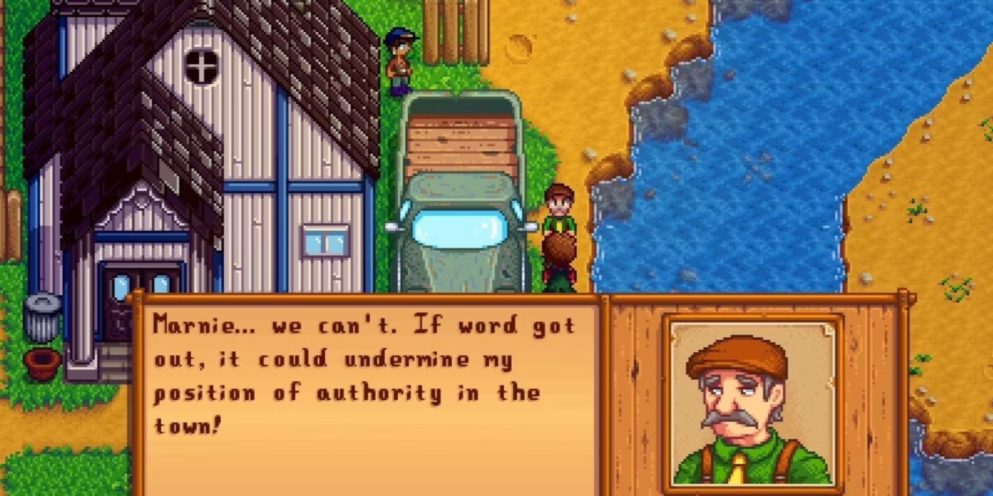 Marnie and Lewis talking in Stardew Valley