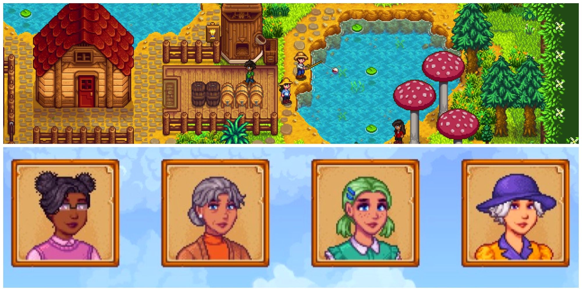 A split image showing four Stadew Valley characters and an overhead shot of a farm