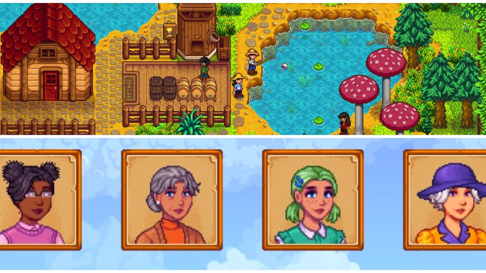 A split image showing four Stadew Valley characters and an overhead shot of a farm