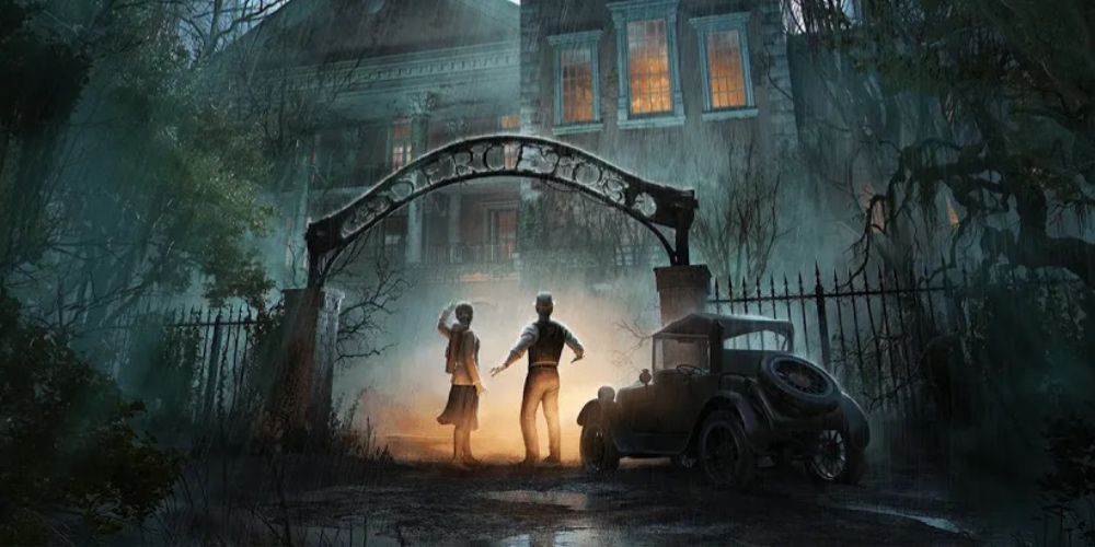 8 Horror Franchises With The Most Games Alone in the dark, two characters standing at gate outside a haunted house