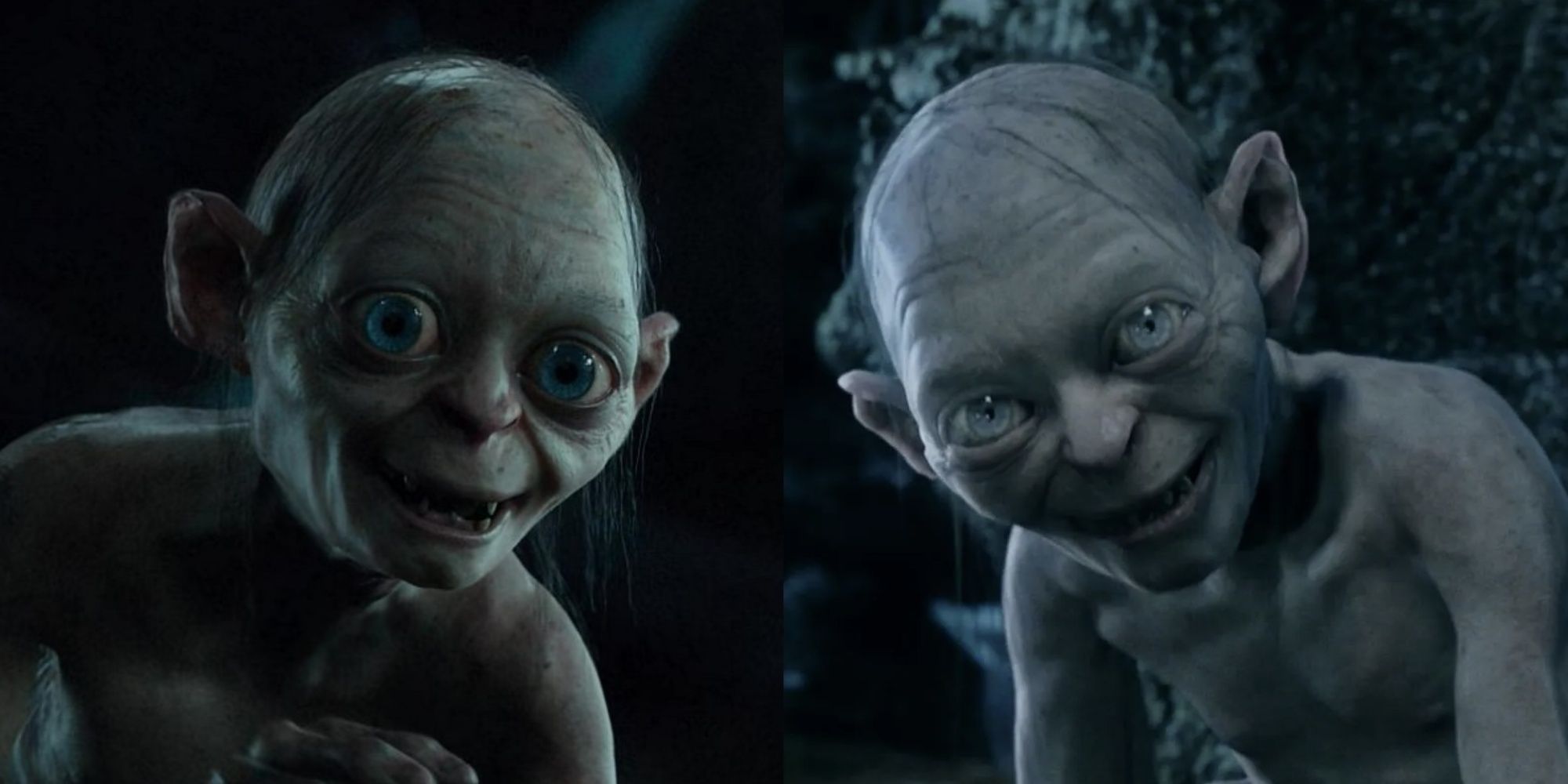 A feature split image of 2 Gollums from LOTR