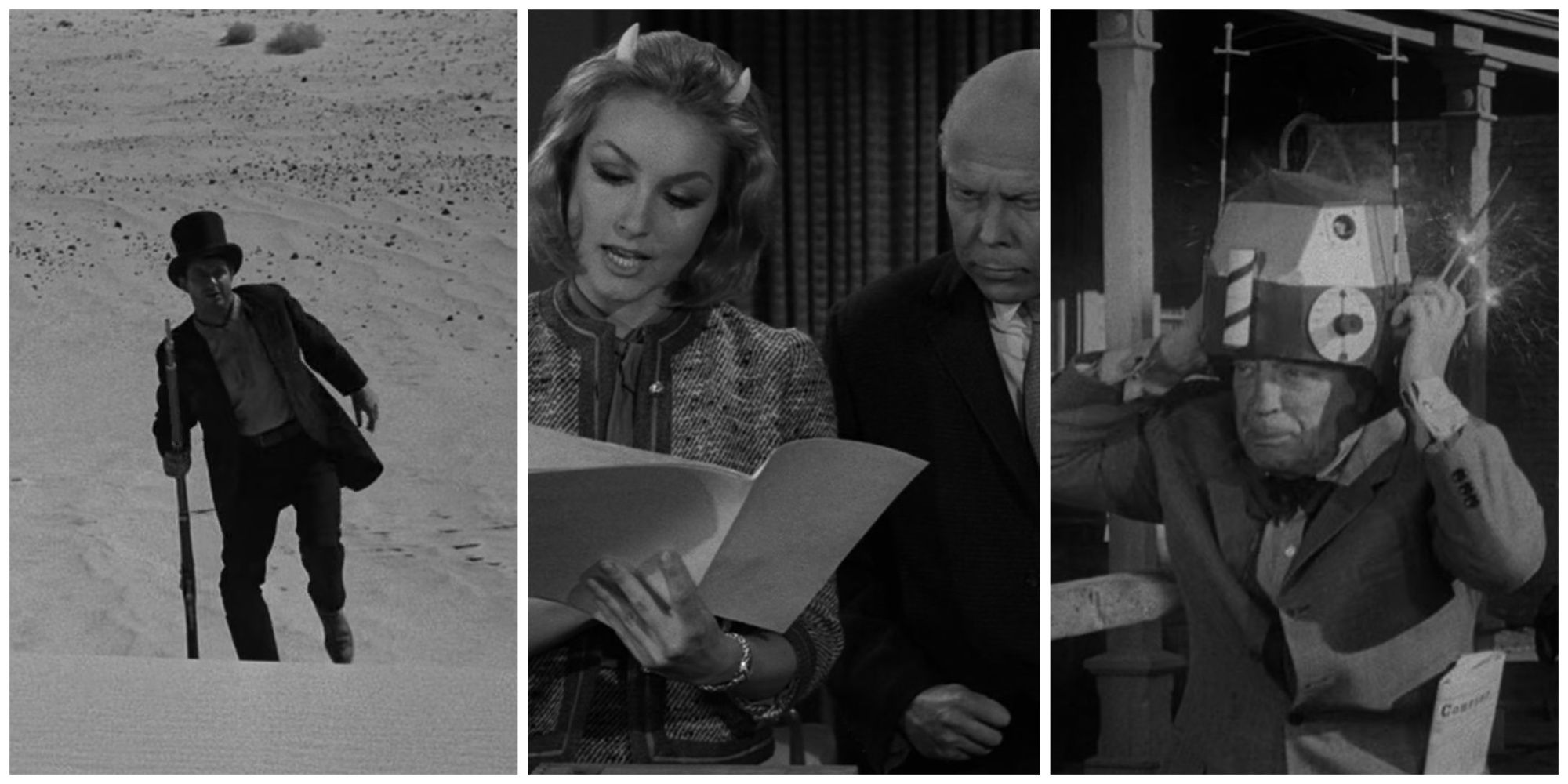 Split image showing shots from three Twilight Zone episodes (A Hundred Yards Over The Rim, Of Late I Think Of Cliffordville, and Once Upon A Time).