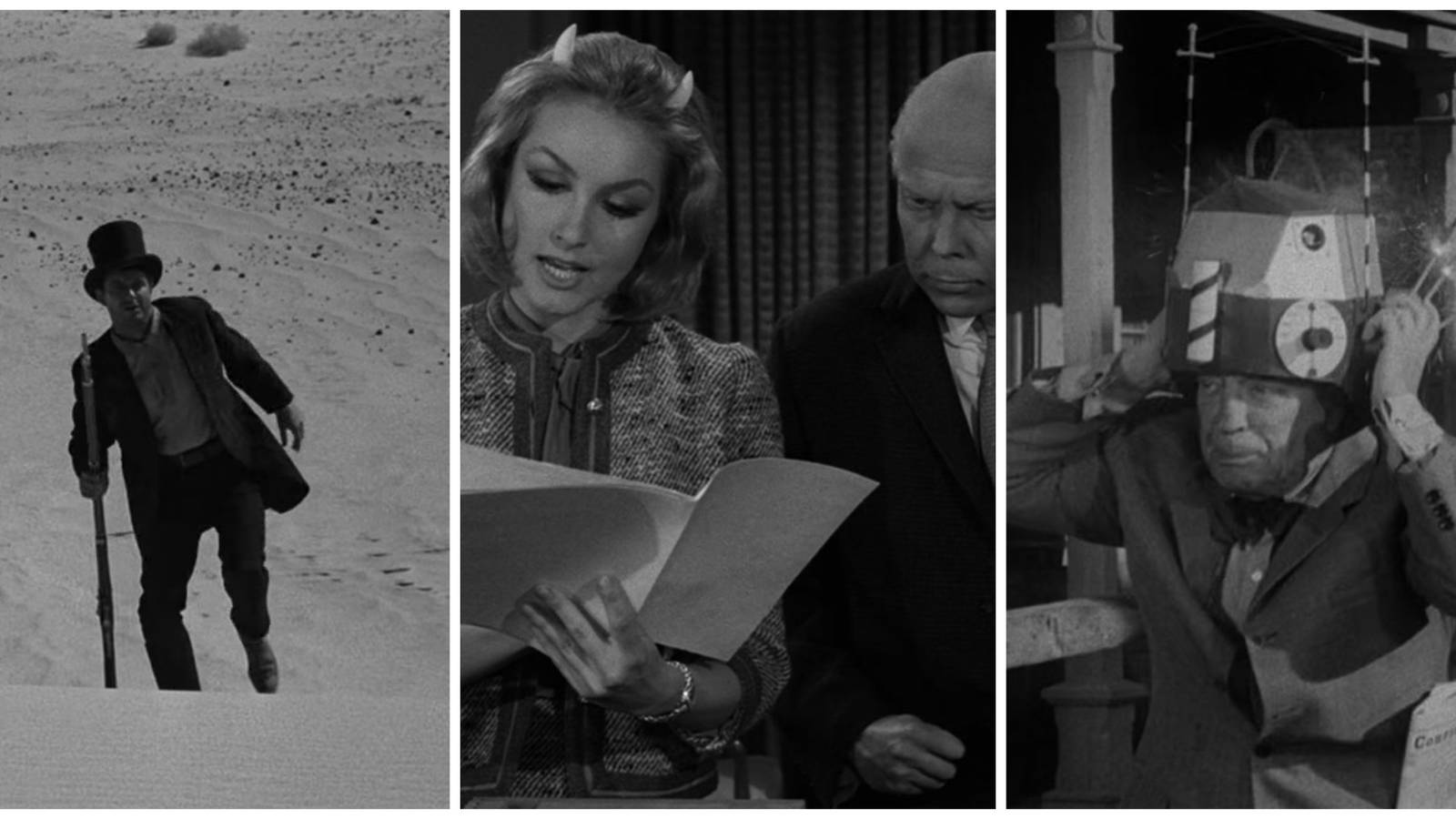 Split image showing shots from three Twilight Zone episodes (A Hundred Yards Over The Rim, Of Late I Think Of Cliffordville, and Once Upon A Time).
