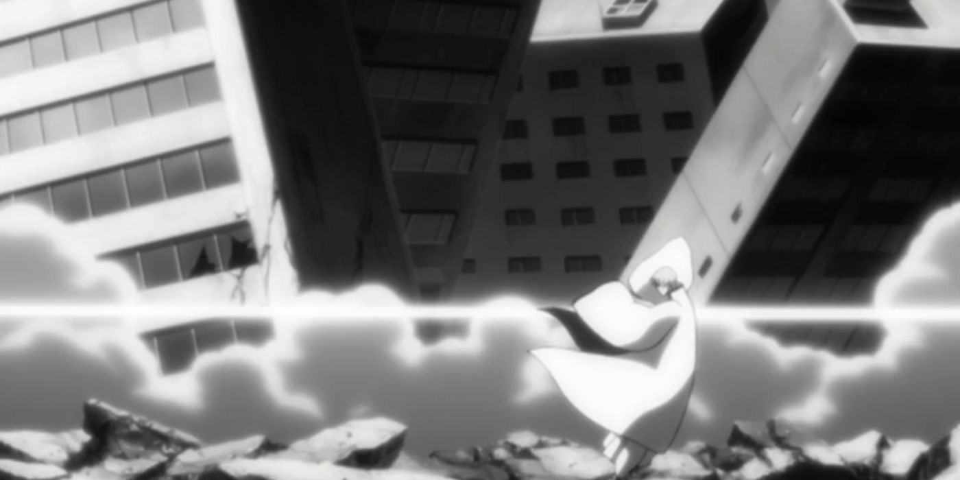 Gin Ichimaru cutting a buildings with his Bankai in Bleach