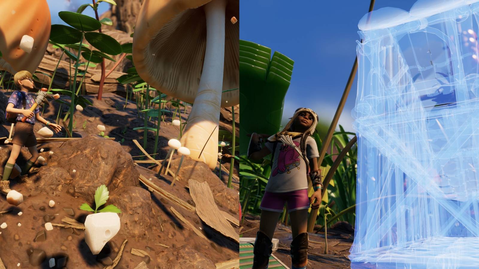 Character holding a pickaxe and a character base-building