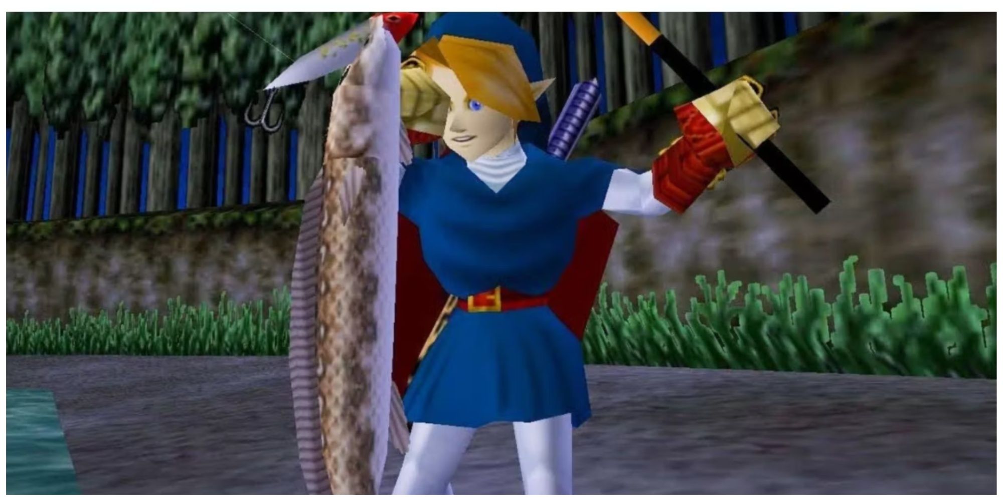 Link holding Hylian Loach while fishing 