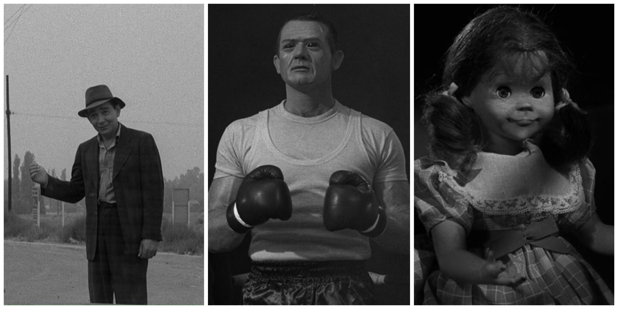Split image showing scenes from three Twilight Zone episodes (The Hitch-Hiker, Steel, and Living Doll).