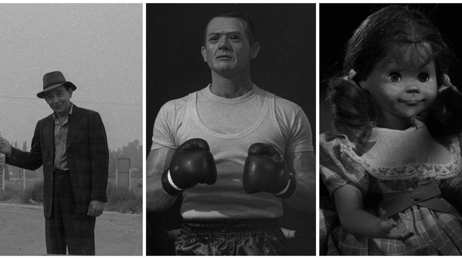 Split image showing scenes from three Twilight Zone episodes (The Hitch-Hiker, Steel, and Living Doll).