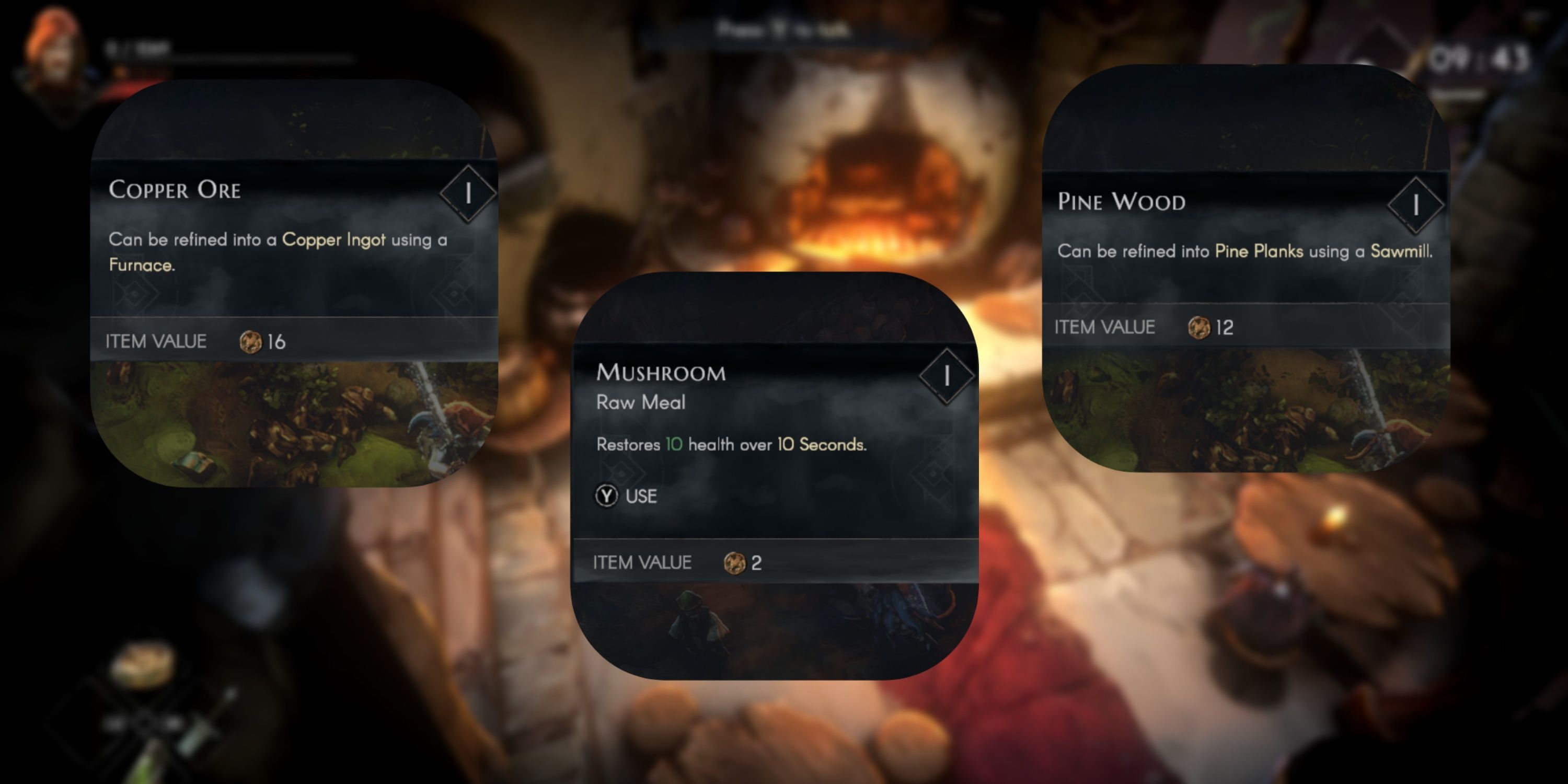 The in-game descriptions of Copper Ore, Mushroom, and Pine Wood in No Rest For The Wicked