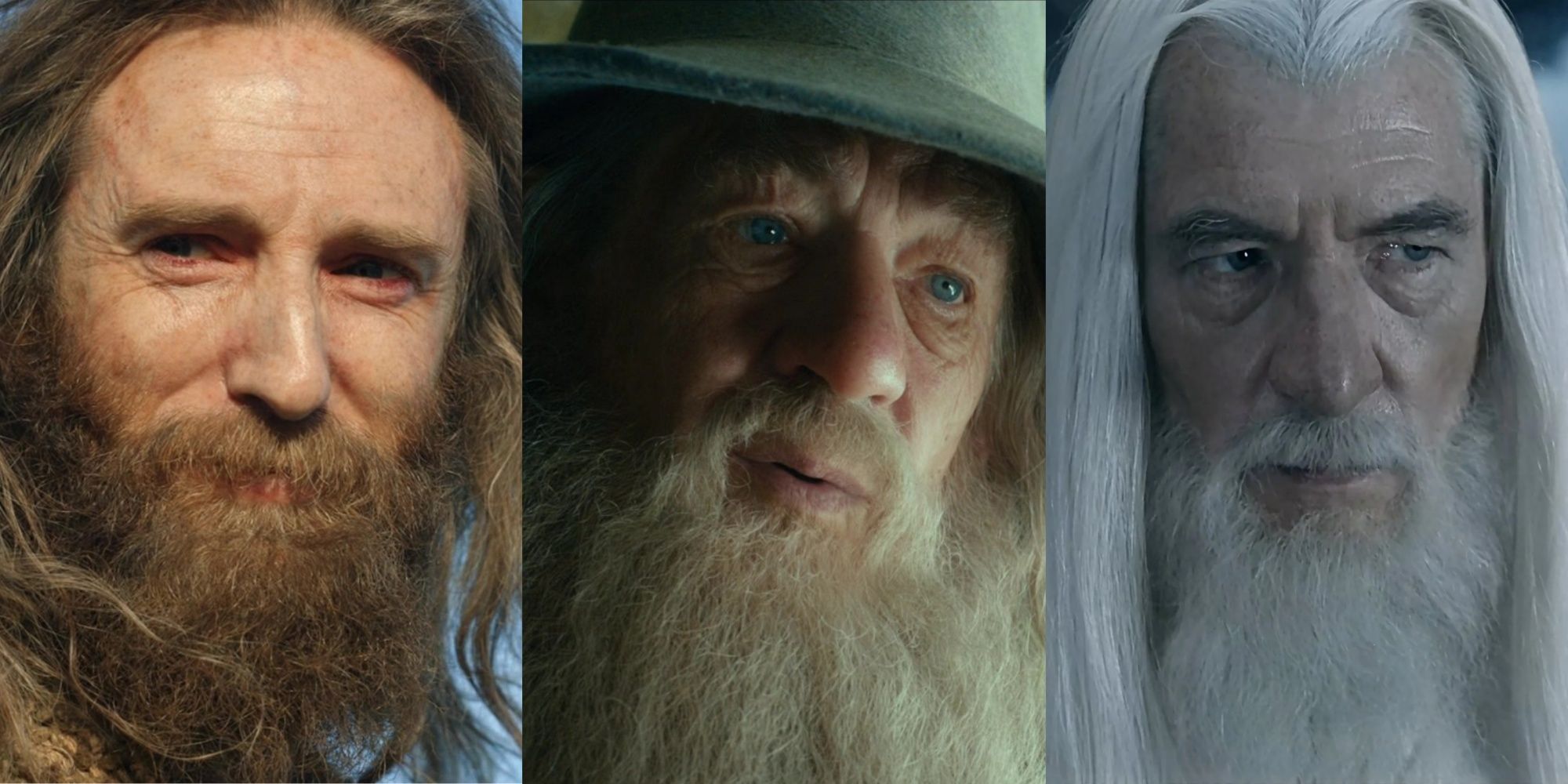 3-split feature image of Rings of Power Gandalf, The Hobbit Gandalf, and LOTR Gandalf