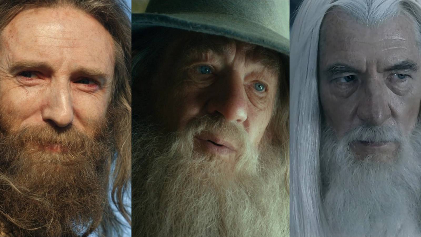 3-split feature image of Rings of Power Gandalf, The Hobbit Gandalf, and LOTR Gandalf