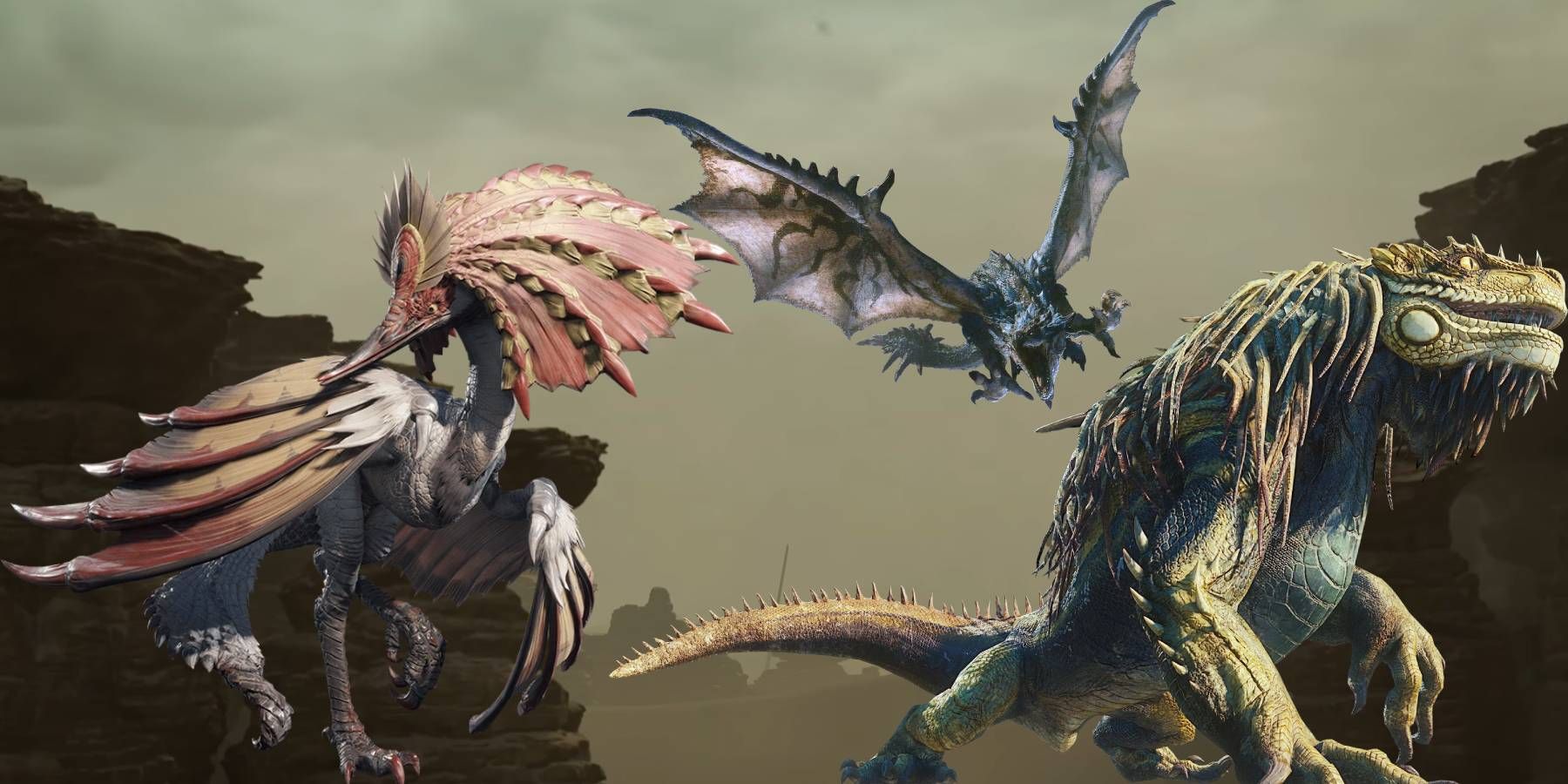 Aknosom, Azure Rathalos, and Great Jagras over a shot from Monster Hunter Wilds' trailer