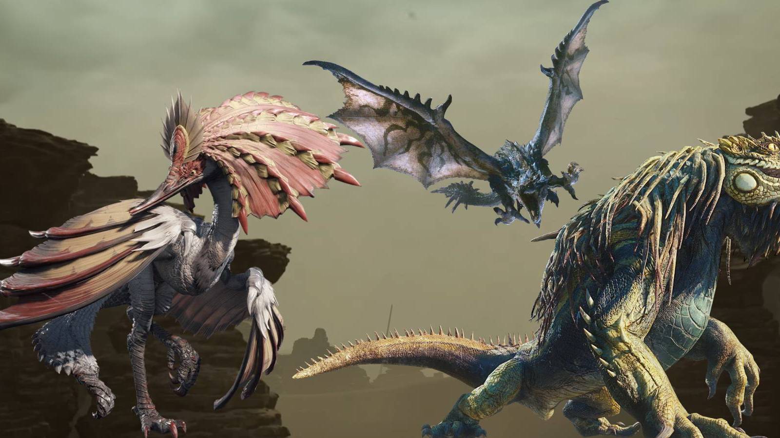 Aknosom, Azure Rathalos, and Great Jagras over a shot from Monster Hunter Wilds' trailer