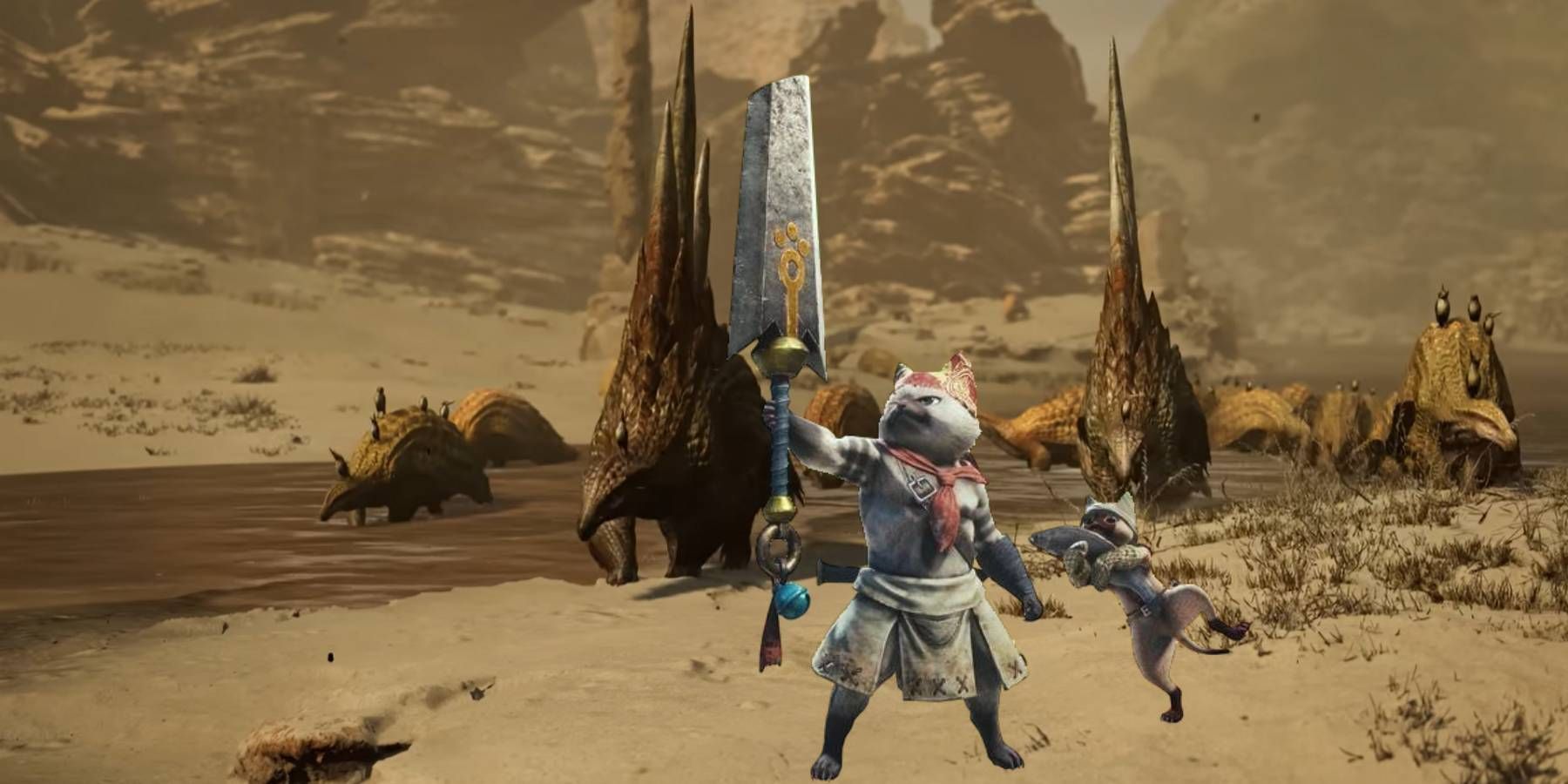 Meowscular Chef and assistant from Monster Hunter World over a shot from the Monster Hunter Wilds trailer