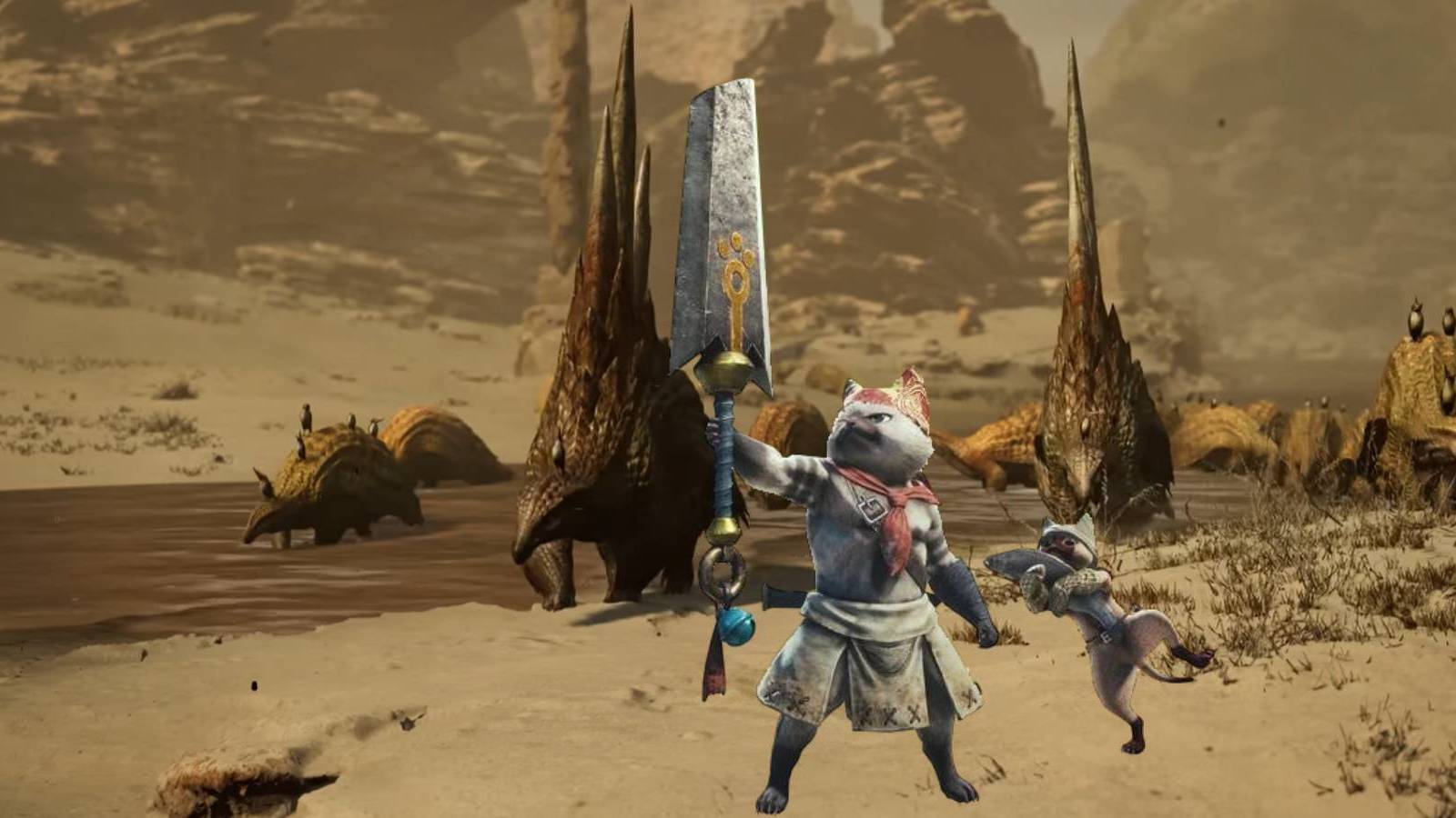 Meowscular Chef and assistant from Monster Hunter World over a shot from the Monster Hunter Wilds trailer