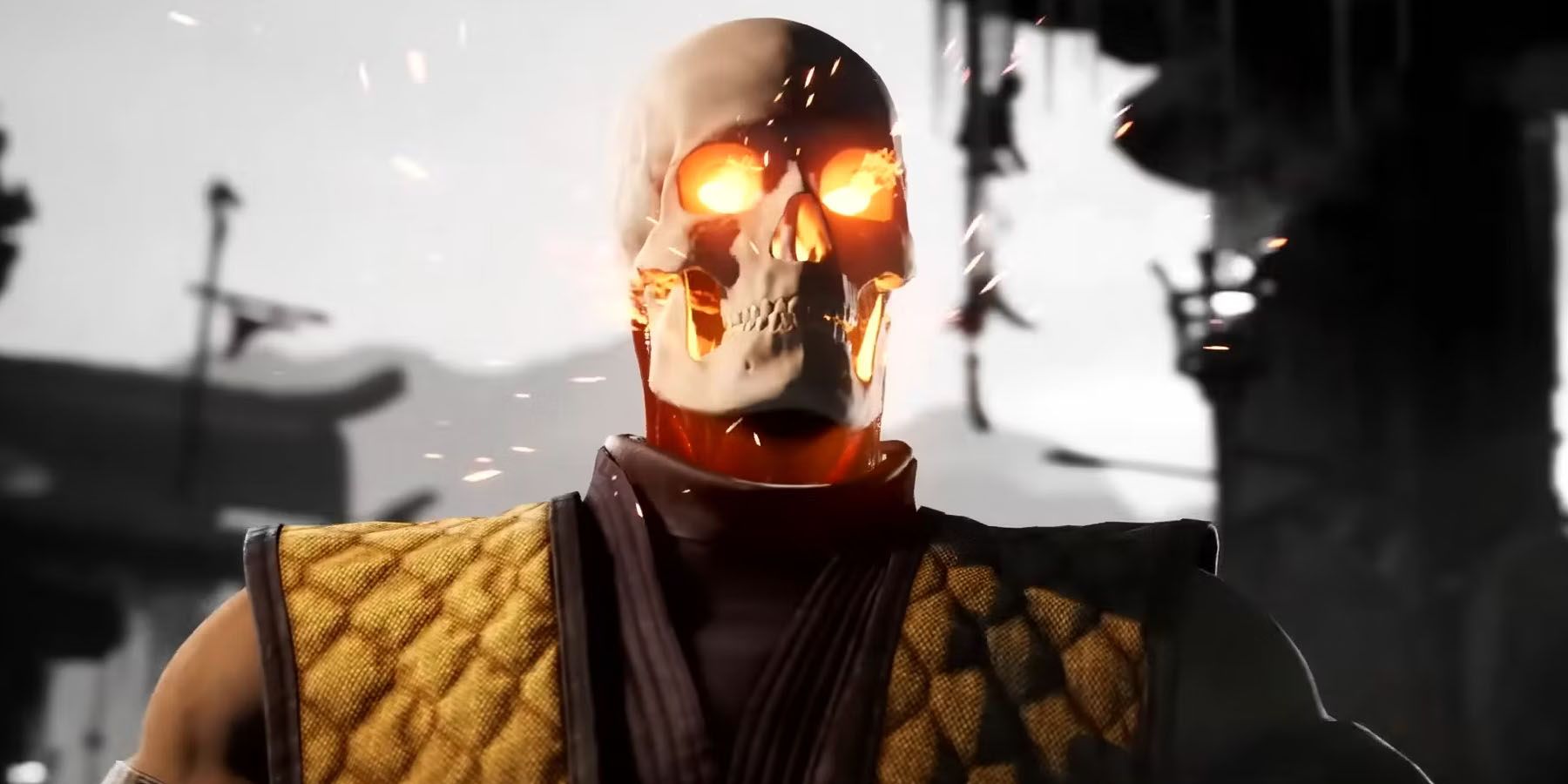 A screenshot of Kameo Scorpion preparing to perform a Fatality with his flaming skull exposed in Mortal Kombat 1.