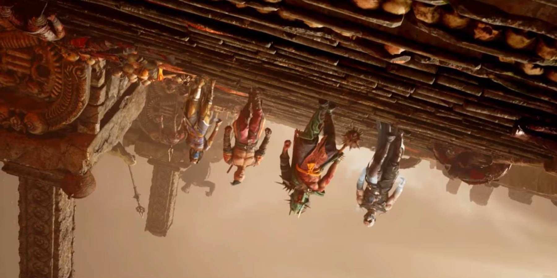 Upside-down shot of Titan Havik and his minions from Mortal Kombat 1's post-credits scene