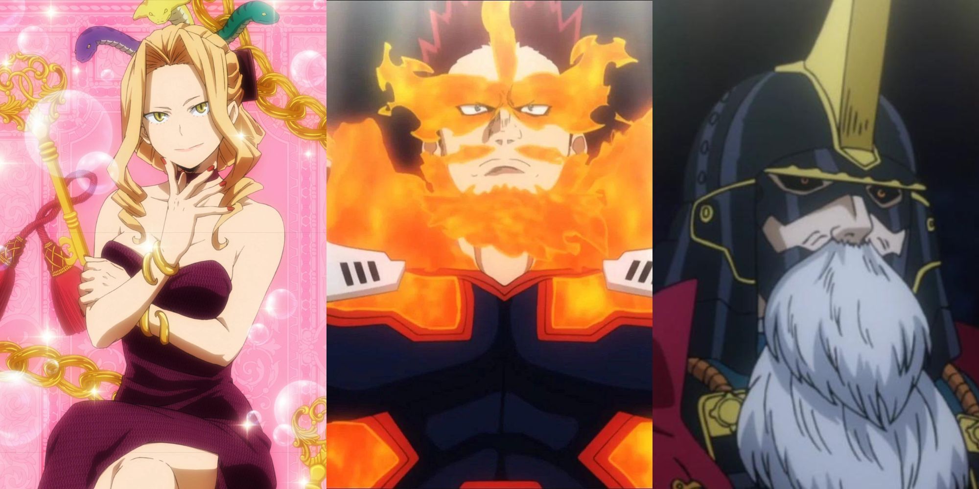 A collage of some Pro Heroes who should've never become heroes: Uwabami, Endeavor and Yoroi Musha.
