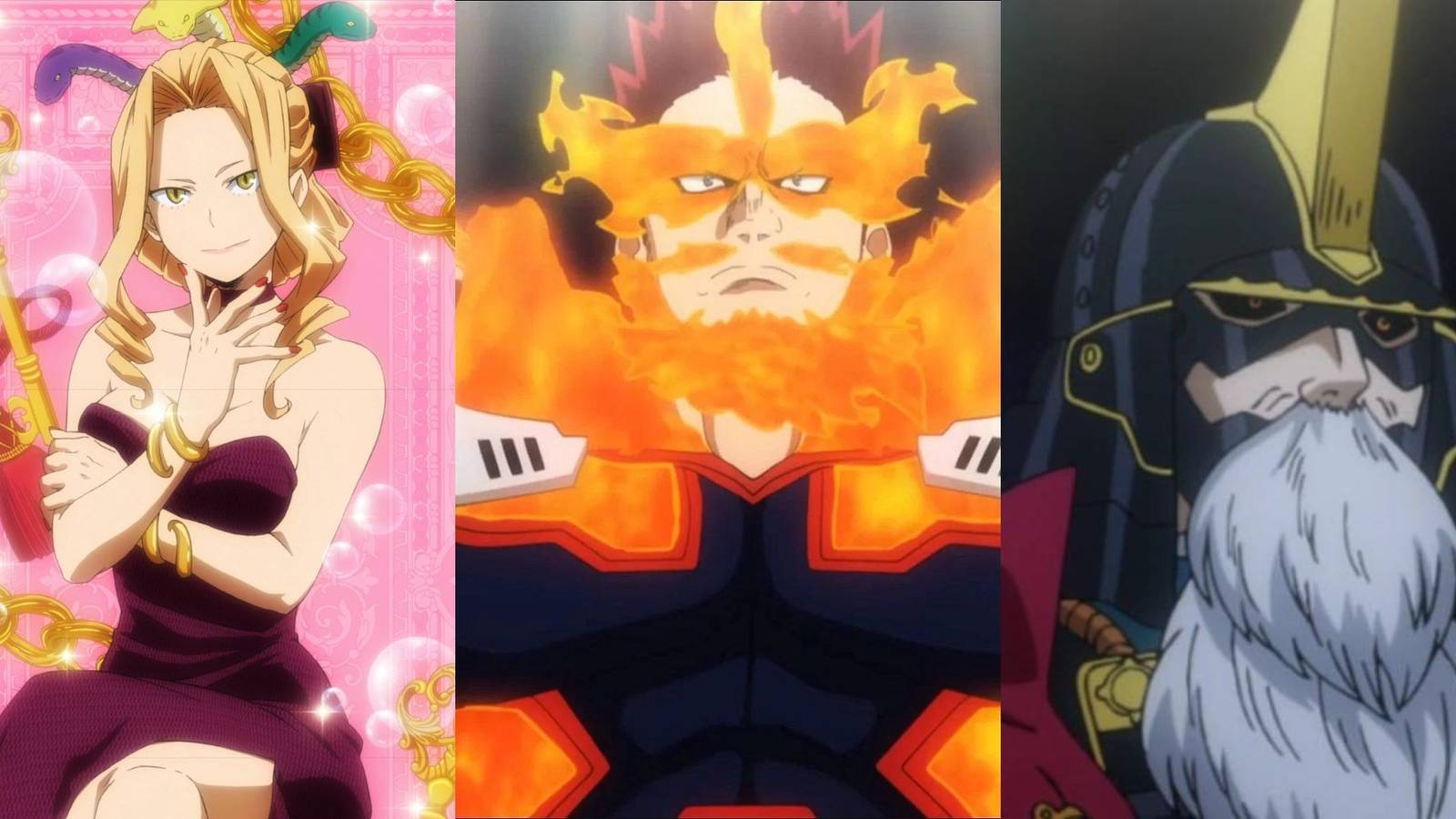 A collage of some Pro Heroes who should've never become heroes: Uwabami, Endeavor and Yoroi Musha.