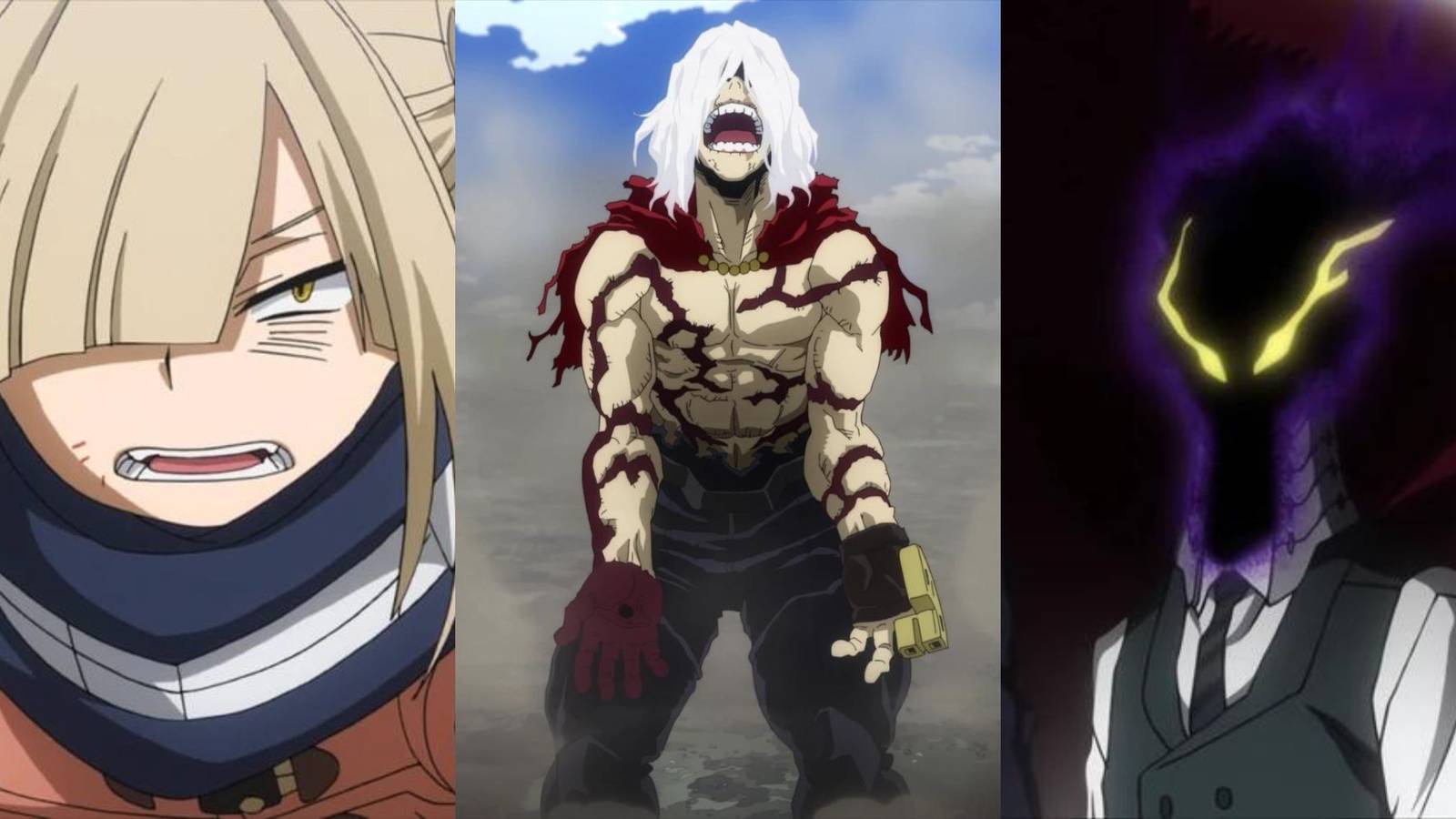 A collage of 3 My Hero Academia villains who could be rehabilitated at the end: Himiko Toga, Tomura Shigaraki and Kurogiri.