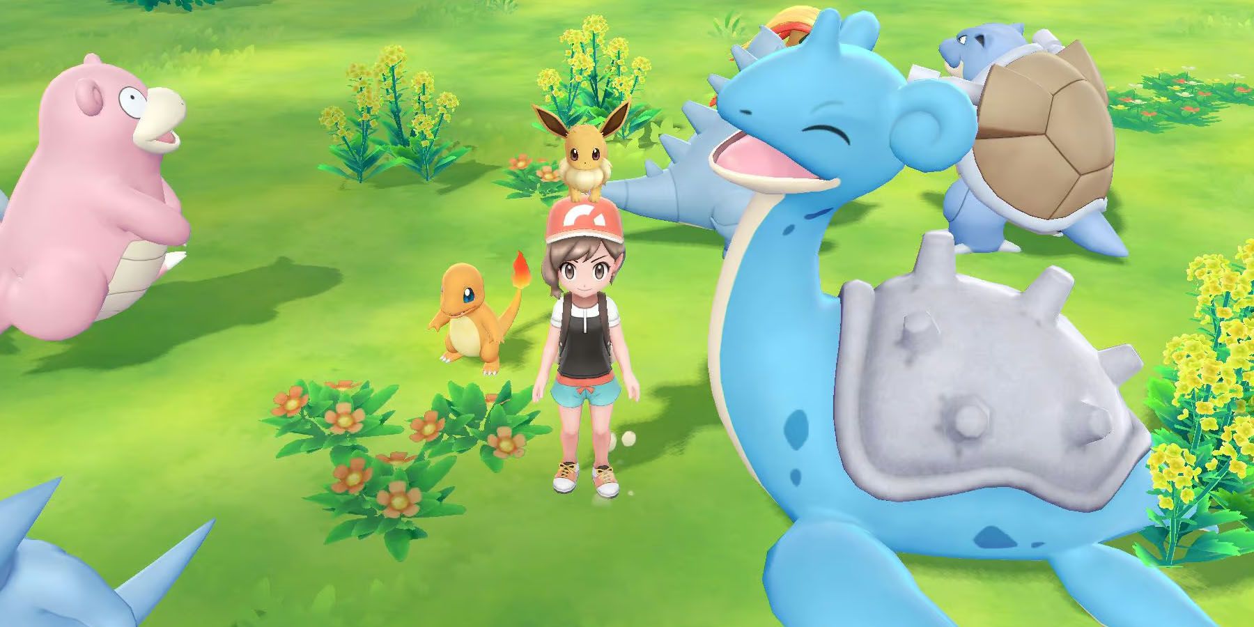 A screenshot from Pokemon Let’s Go, Eevee, featuring the player character and various Pokemon like Eevee and Laprus.