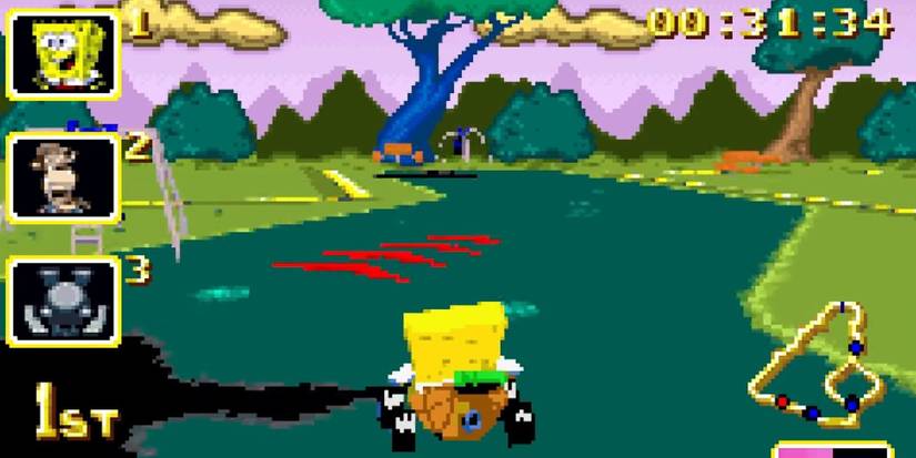 Spongebob Dodging An Oil Spill On The Race Track