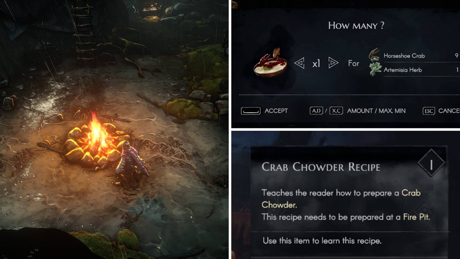 A split image of a fire pit and crab chowder in No Rest for the Wicked