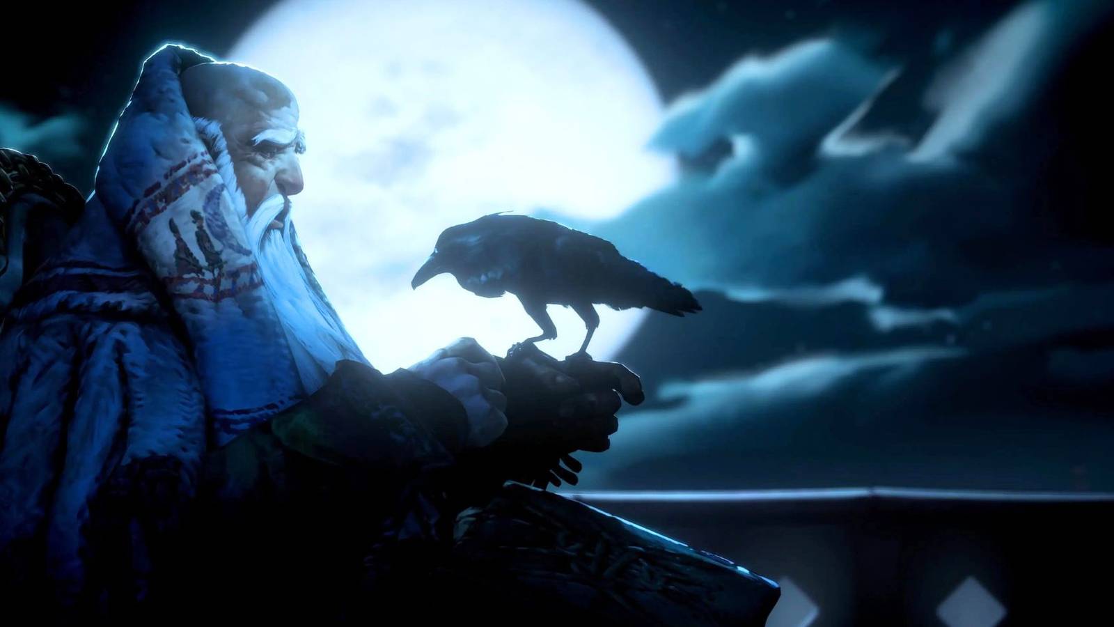 A bearded man with a bird with the moon in the background from No Rest For The Wicked