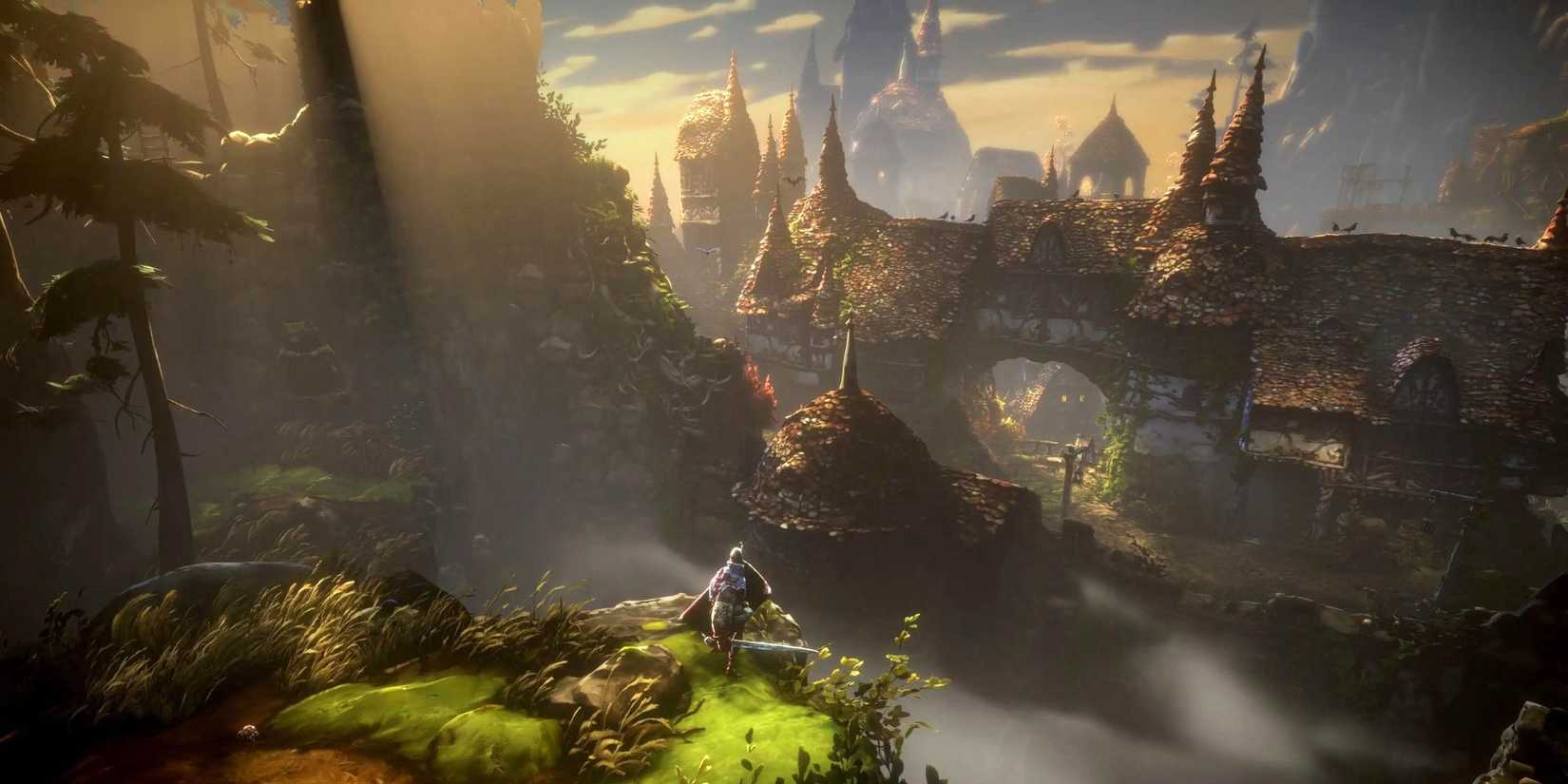 A player overlooking a castle that's been overgrown in No Rest For The Wicked