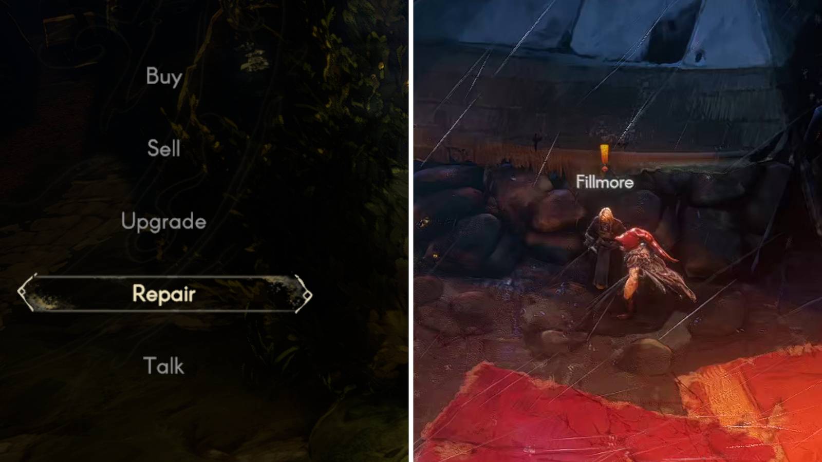 A split image of the repair menu and Fillmore in No Rest for the Wicked
