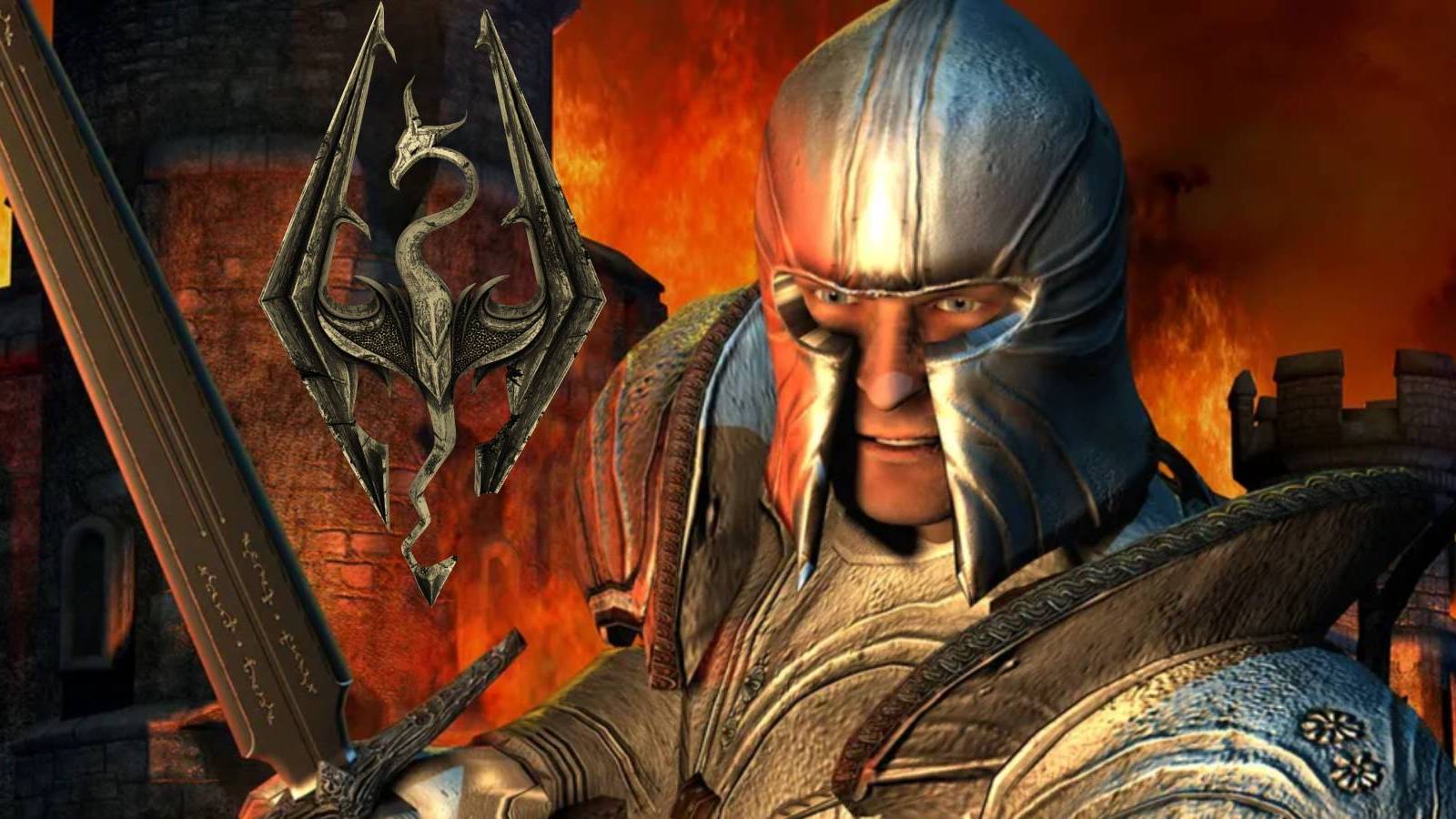 The hero of Kvatch from Oblivion with the Skyrim Anniversary Edition logo