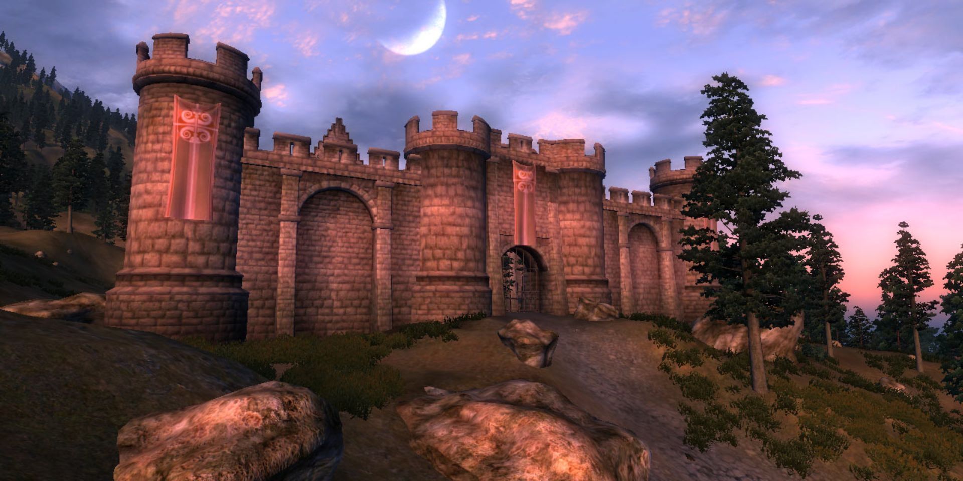 A castle from The Elder Scrolls: Oblivion with a purple sky in the background