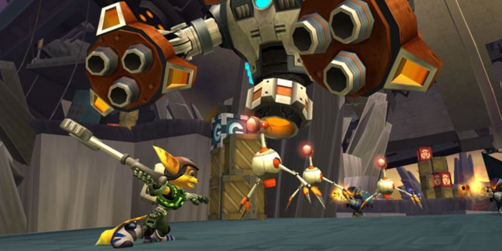 Official screenshot of Ratchet fighting a Robot boss.
