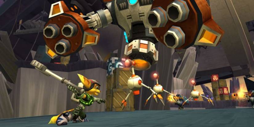 Official screenshot of Ratchet fighting a Robot boss.