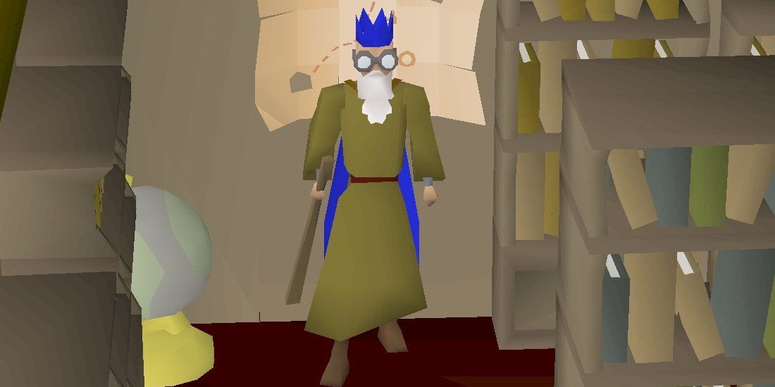 Old School RuneScape's Wise Old Man with his iconic blue party hat.