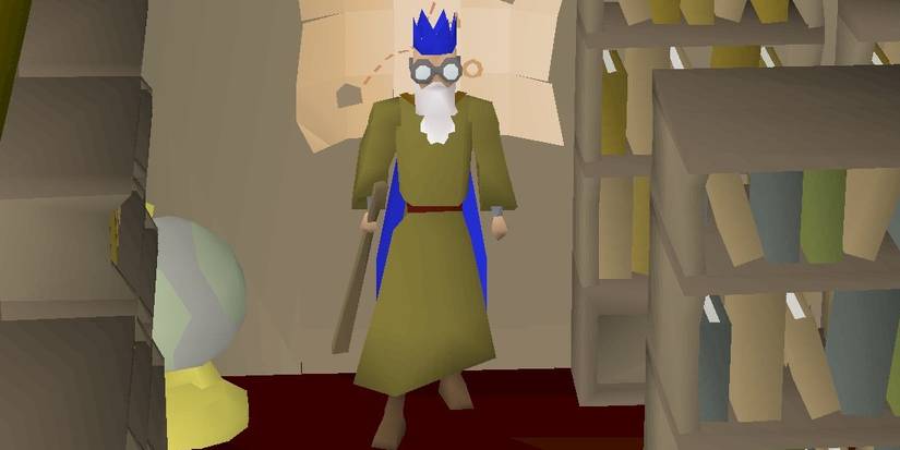 Old School RuneScape's Wise Old Man with his iconic blue party hat.