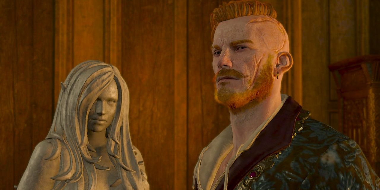 Olgierd and a sculpture in The Witcher 3: Wild Hunt