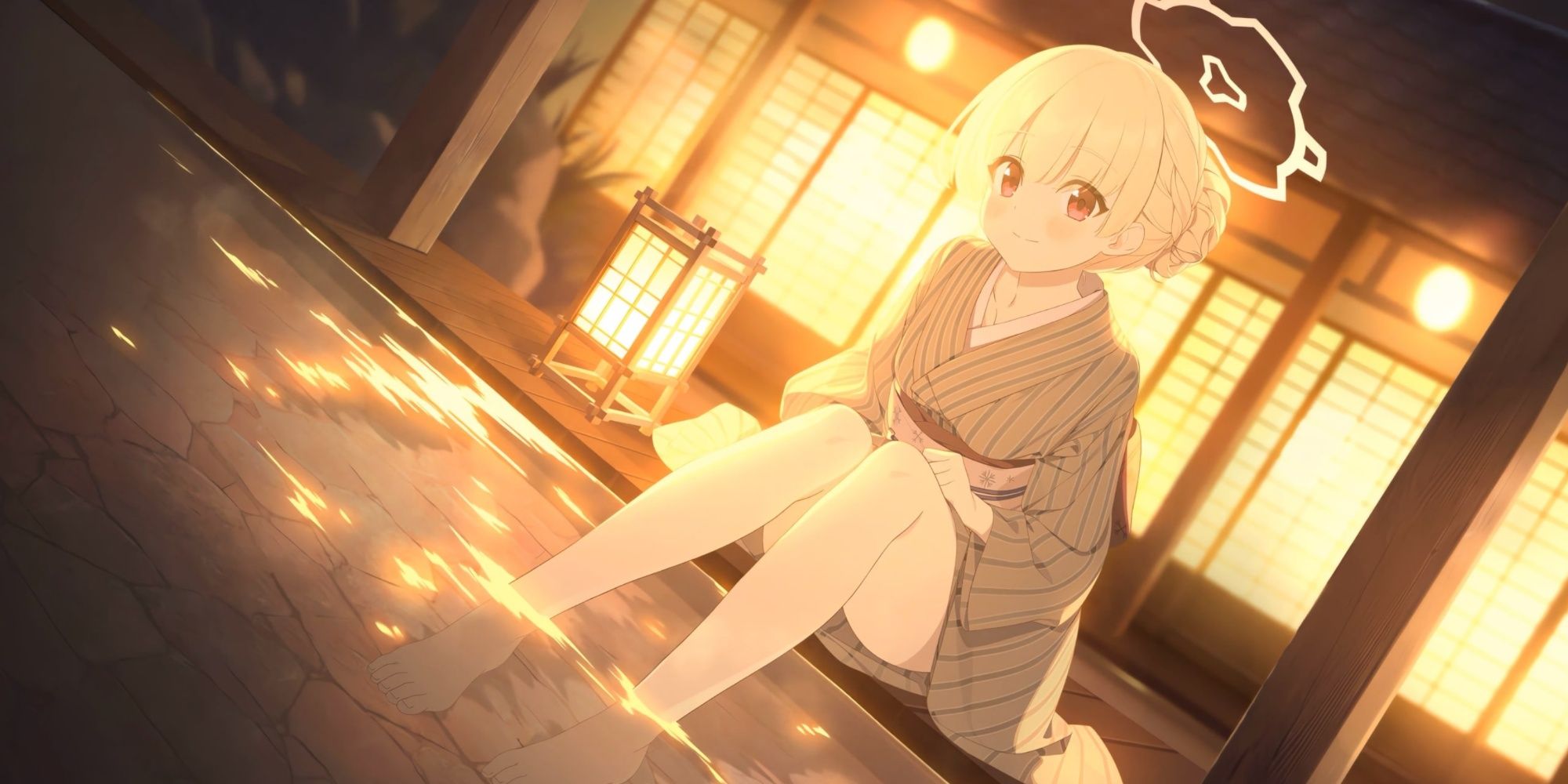 Nodoka (Hot Spring) wearing Yukata dipping her feet in hot spring